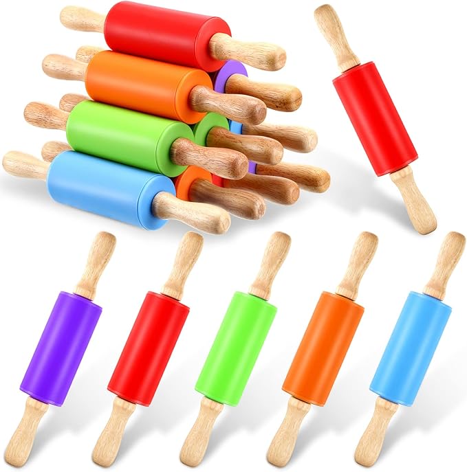 10 Pcs Small Rolling Pin Kids 9 Inch Mini Rolling Pin Silicone Wooden Cooking Pins Baking 5 Colors Non Stick Kids with Wooden Handle for Kitchen Dough Cookie Pastry Fondant Cake