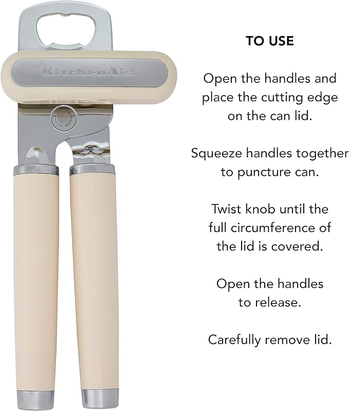 KitchenAid Classic Multifunction Can Opener and Bottle Opener Easy to Use, Razor Sharp Stainless Steel Cutting Wheel, Soft Ergonomic Handles, Almond Cream