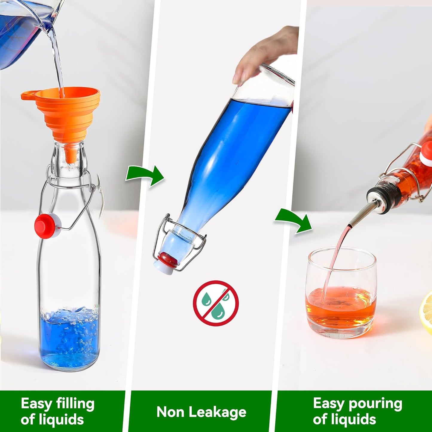 Leetaltree 4 Pack 16OZ Swing Top Glass Bottles Set, Brewing with Airtight Lid, Flip Top for Kombucha, Beverages, Beer, Oils-With Gaskets, Pourers, Etc