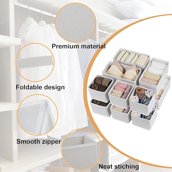 Set of 12 Drawer Organizer, Fabric Closet Organizer and Storage Baskets,Foldable Drawer Divider for Clothing,Sock,Ties,Underwear Drawer Organizers,Set of Cabinet Storage Boxes (White)