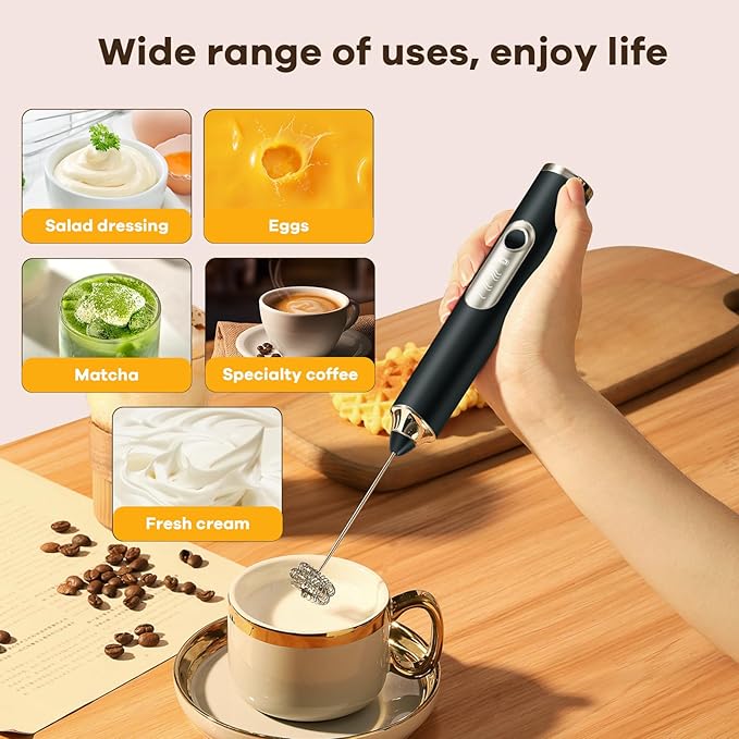 Milk Frother Handheld 2 Speed Adjustable Handheld Electric Foam Maker Milk Frother Handheld Rechargeable Electric Foam Maker with 2 Stainless Whisks For Latte, Cappuccino, Hot Chocolate, Egg