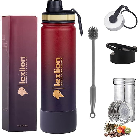 Lexlion 22 Oz Fruit Infuser Water Bottle - Triple Walled Insulated Stainless Steel, Thermal Leaf Infuser, Silicone Sleeve, 3 Leakproof Lids, Metal Mug Gallon