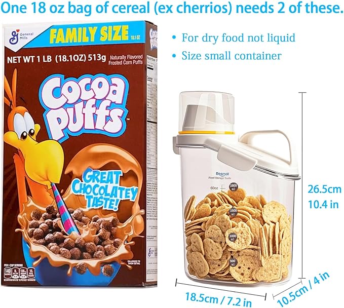 Cereal Containers Storage,2L Airtight Large Dry Food Storage Containers with Pouring Spout, Measuring Cup for Flour and Grain,BPA Free Plastic Dispenser ((1pcs) White-67oz)
