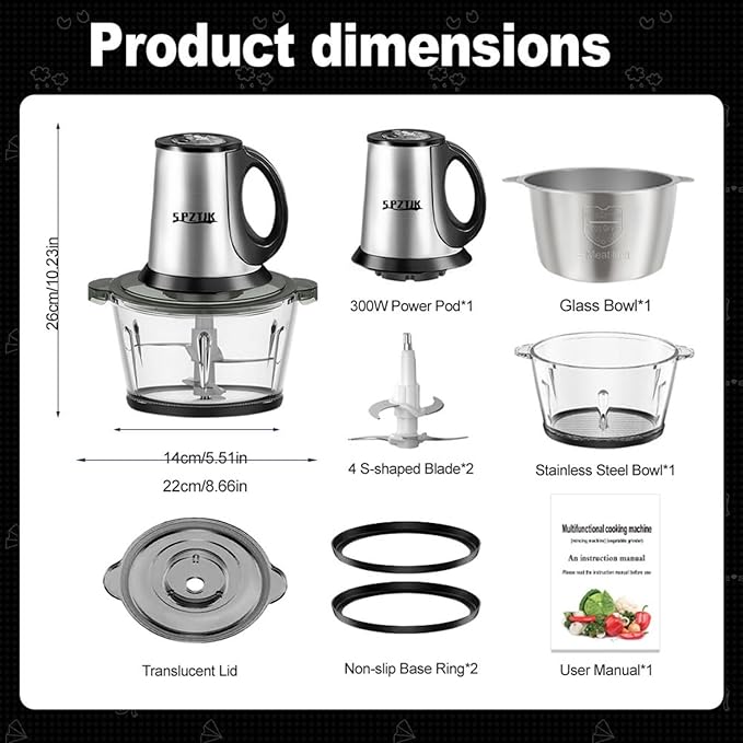 Food Processor, 3-Speed Electric Food Chopper with Vegetable Chopper & Meat Grinder - 2 Bowls (8 Cup Stainless Steel+8 Cup Glass), 300W, 2 Sets of 4 Bi-Level Blades for Vegetable/Fruits/Meat