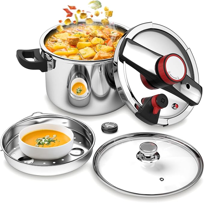 BreeRainz 8.45QT 304 Stainless Steel Pressure Cooker, 3-Stage PSI Settings, One-Hand Locking,Explosion-Proof Pot w/Extra Glass Lid, Timer, Steaming Rack(Induction Compatible)