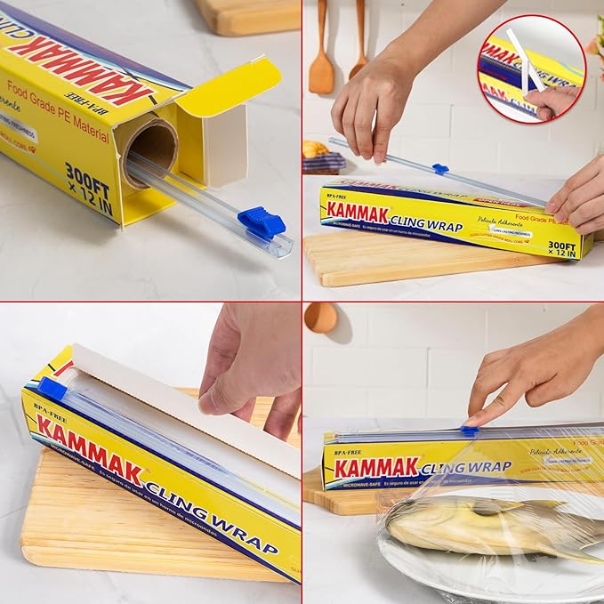 KAMMAK Plastic Wrap with Slide Cutter Food Cling Wrap 12 Inch Kitchen Cling Film BPA-Free Microwave-Safe 300 Ft Roll Food Service Film Quick Cut for Restaurant (2 Pack)