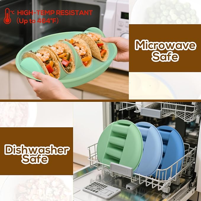 Silicone Taco Holder Plates Set of 3 - Reusable Taco Stand Plates with 4-Shell Slots, Oven/Microwave/Dishwasher Safe, Non-Slip Base for Tortillas Party Serving, Family Dinner & Meal Prep Accessories