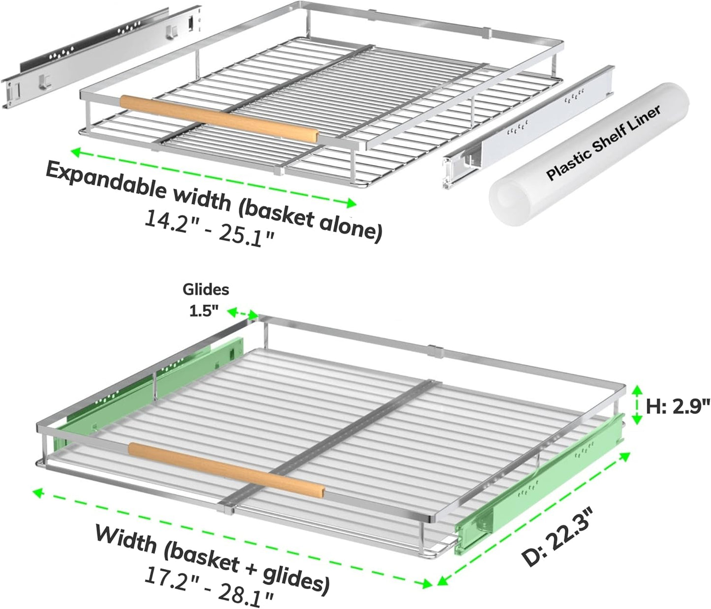 Expandable Pull Out Drawer Cabinet Organizers, Heavy Duty Slide Out Storage Shelf for Home Kitchen Pantry Cupboard Pots Pans, Adjustable Width from 17.2"~28.1", Stainless Steel 1 Pack