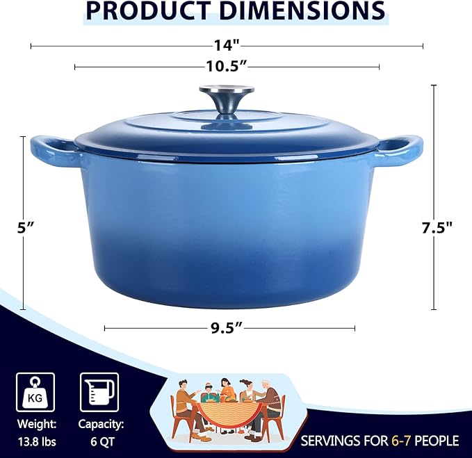 E-far 6 Quart Enameled Cast Iron Dutch Oven with Lid, Round Dutch Oven Pot Nonstick Cookware for Braising, Stews, Roasting, Bread Baking, Cooking, Heavy Duty, Induction & Oven Safe - Blue