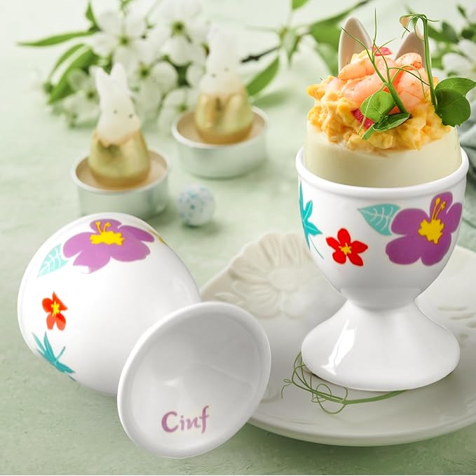Cinf Ceramic Egg Cups Hawaii Flower Set of 2 Porcelain Holder Breakfast Boiled Cooking Easy to Clean Childhood Memories Kitchen