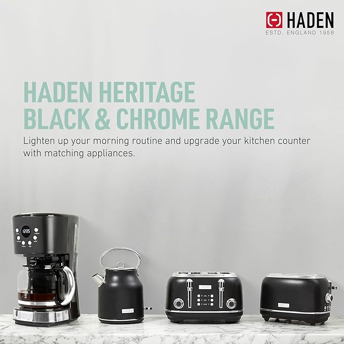 HADEN Heritage 1.7 Liter Stainless Steel Electric Kettle, Hot Water Kettle with 360-Degree Base and Auto Shutoff, Black & Chrome