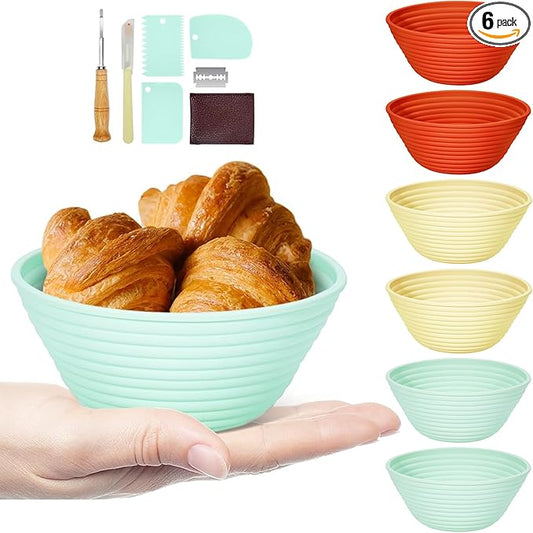 Silicone Banneton, Sourdough Bread Baskets (Set of 6, 5 Inch), Round Proofing Bread Bowls with Starter Kit, Bread Making Baking Supplies