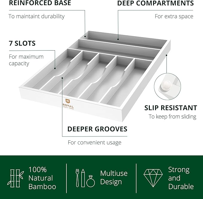 ROYAL CRAFT WOOD Luxury Bamboo Kitchen Drawer Organizer - Silverware Organizer - Utensil Holder and Cutlery Tray with Grooved Drawer Dividers for Flatware and Kitchen Utensils (7 Slot, White)