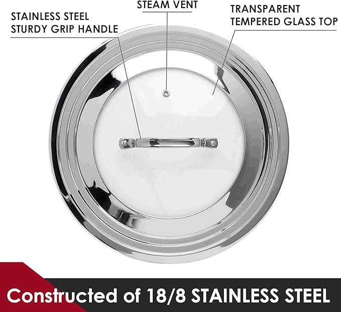 Stainless Steel Universal Lid for Pots, Pans and Skillets - Fits 7" to 12" Pot and Pans - Tempered Glass with Stainless Steel Rim Replacement Frying Pan Cover and Cast Iron Skillet Lid