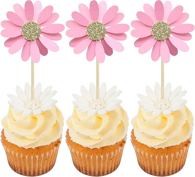 24Pcs Daisy Cupcake Toppers Flower Cake Topper Decorations Daisy Cake Decorations Chrysanthemum Cupcake Toppers Spring Daisy Flower Cake Picks for Birthday Wedding Supplies Light Pink