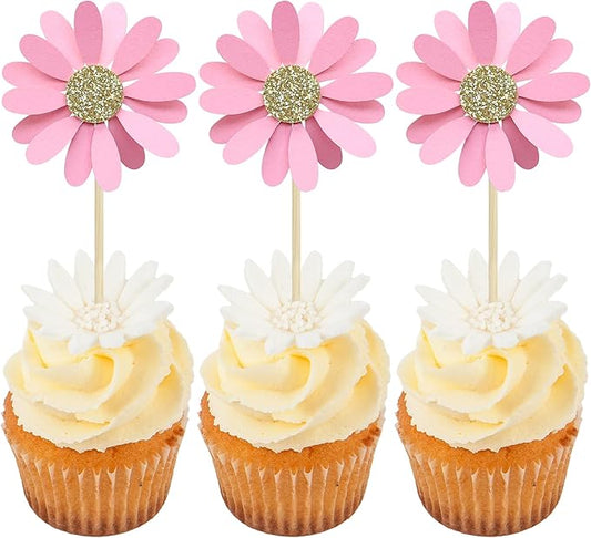 24Pcs Daisy Cupcake Toppers Flower Cake Topper Decorations Daisy Cake Decorations Chrysanthemum Cupcake Toppers Spring Daisy Flower Cake Picks for Birthday Wedding Supplies Light Pink