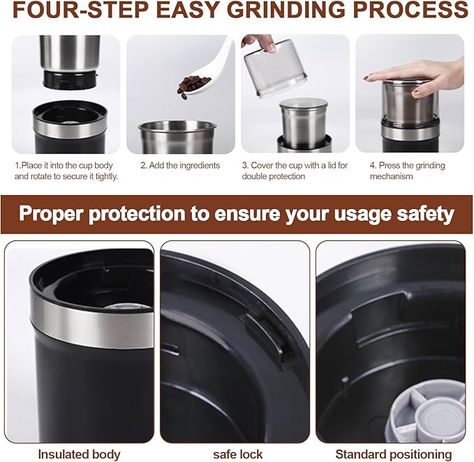 Electric Coffee Grinder, Dual Stainless Steel Bowls for Beans Spices Nuts Wet&Dry Grinding 30000RPM Overheat Protection Compact for Kitchen Herbs Spices Nuts Grains Espresso