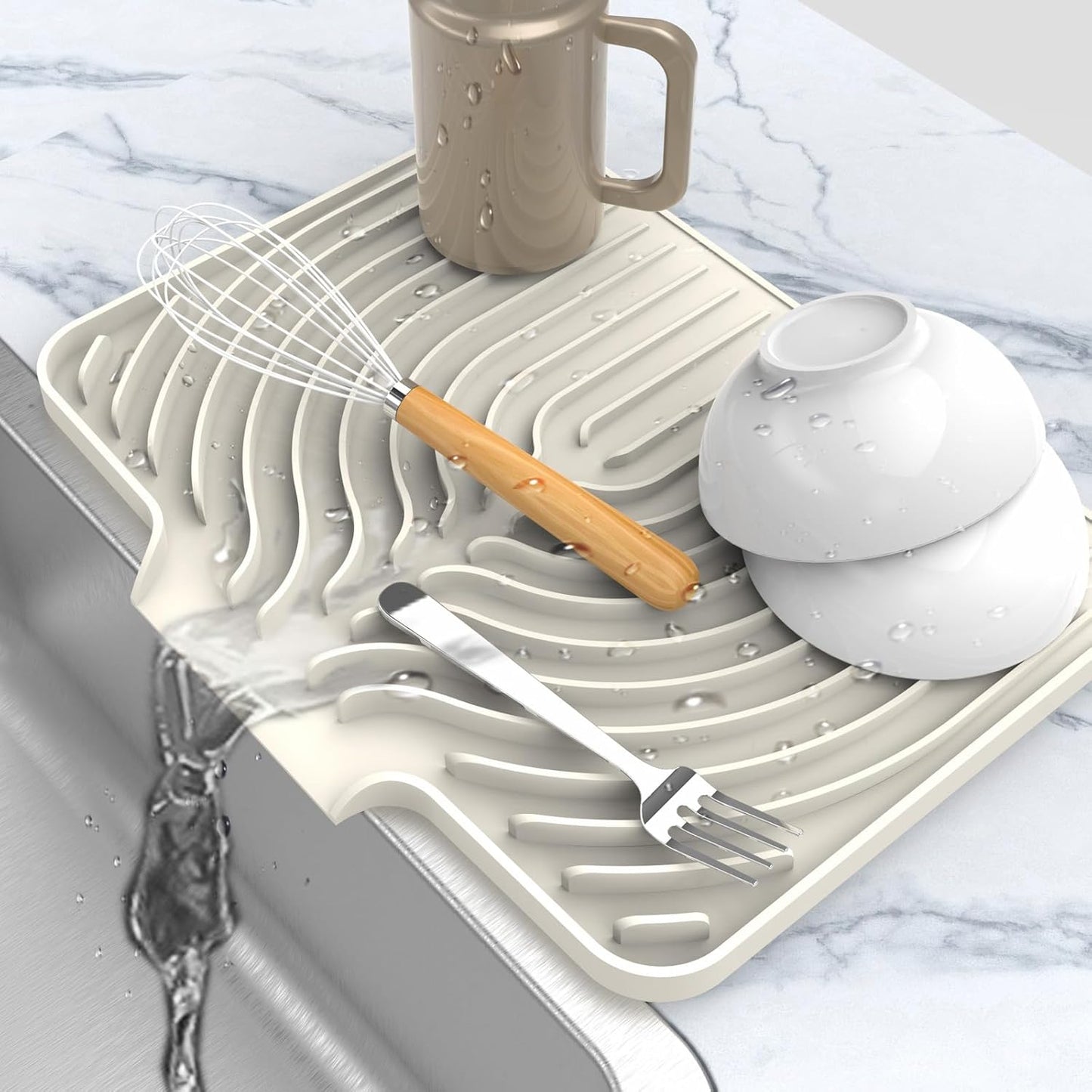 Dish Drying Matt for Kitchen Counter,14.6"×11"Silicone Dry Rack Mat with Built in Drain, Kitchen Dry Mats for Dishes Drying Pad for Counter(14.6"×11"Cream)