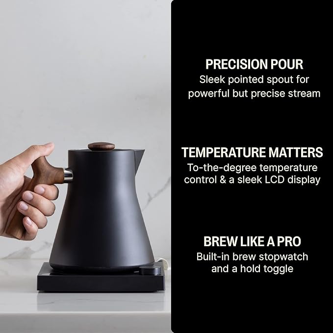 Fellow Corvo EKG Electric Tea Kettle - Electric Pour Over Coffee and Tea Pot-Quick Heating Electric Kettles-Temperature Control & Built-In Brew Timer-Matte Black with Walnut Handle-0.9 Liter