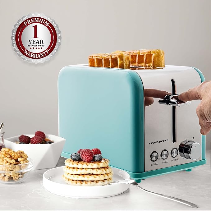 OVENTE Electric 2 Slice Toaster Machine with 6-Shade Browning Selector Setting, Cancel, Defrost, Bagel Buttons, Removable Crumb Tray and Extra Wide Slots for Toasting Breads & More, Turquoise TS2450T