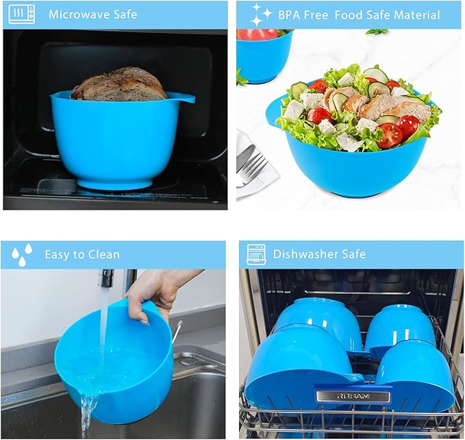 BoxedHome 4 Quart Large Plastic Mixing Bowls, Microwave Safe Mixing Bowl Set with Pour Spout, Nesting Bowls for Space Saving Storage(Teal)