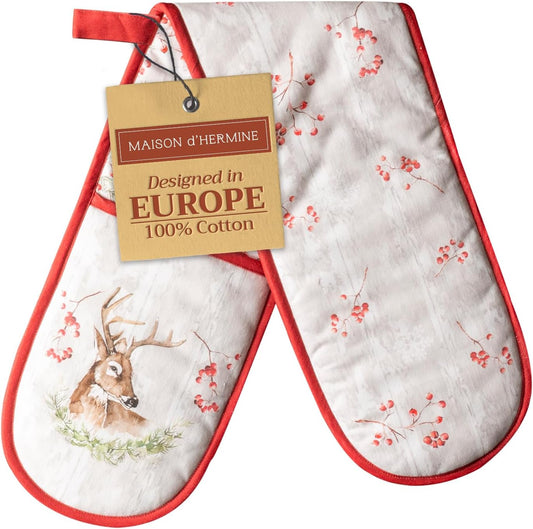 Maison d' Hermine Double Oven Mitt 100% Cotton Heat Resistant Cooking Gloves with Loop, Baking Barbeque, Handling Hot Pan, Mountain Life- Thanksgiving/Christmas (7 Inch x 35 Inch)