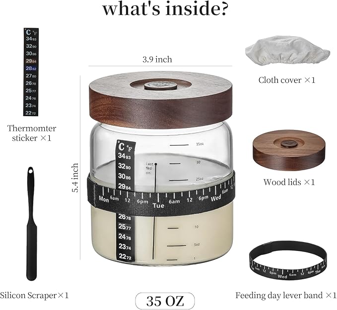 Wissy&Konny Sourdough Starter Jar，Wood Sealed Lid with Automatic Exhaust,35OZ with Ounce Scale Line,Date Marked Feeding Band, Thermometer, Sourdough Jar Scraper,Wide Mouth for Sourdough Bread Baking