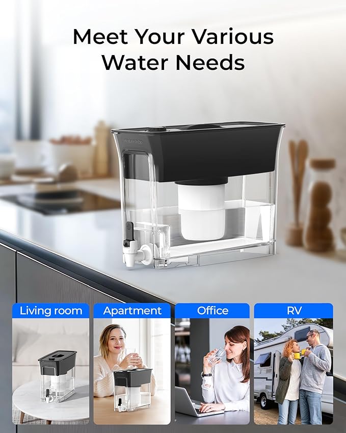 Waterdrop 35-Cup 0 TDS Slim Water Filter Dispenser, Large Capacity, Reduces TDS, Chlorine, PFOA/PFOS and More, BPA Free, Black (with 1 Filter)