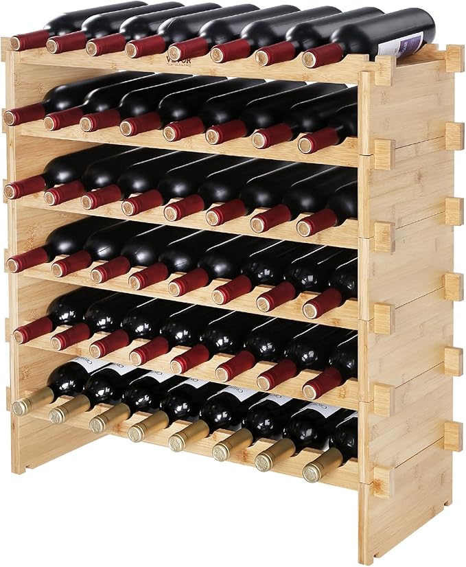 VEVOR Stackable Modular Wine Rack, 6-Tier 48 Bottles, Freestanding Wines Holder Display Shelf, Solid Bamboo Wood Storage Racks, Wobble-Free Shelves for Kitchens, Dining Rooms, Cellars, Natural Color