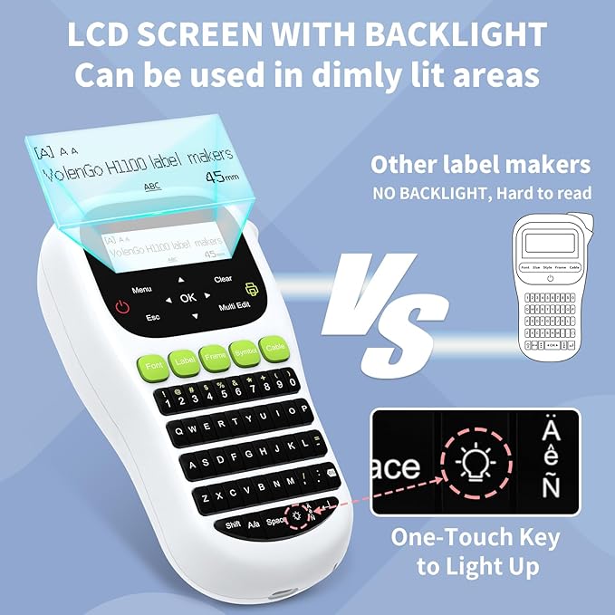 H1100 Label Maker Machine with Tapes 12mm Laminated, Backlit Handheld Label Maker Waterproof-Labels, QWERTY Keyboard & Multi Fonts, Portable Inkless Label Printer for Home Office Organization