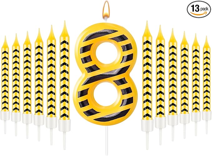 13 Pcs Construction Themed Birthday Candles Set Yellow and Black Number 8 Candle Cake Topper for Construction Party Decoration Supplies (Number 8)