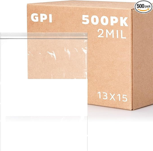 13" x 15" 2 Gallon Large Zip Bags, 2 Mil Thick Clear Plastic Reclosable Zipper Lock Bags with Write-on White Block, with Resealable Zip Top Lock for Food Storage & Office Supplies, 500 Count