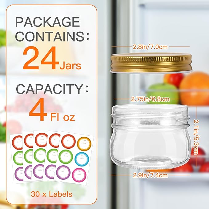 4 oz Mason Jars With Gold Lids, 24 Pack Regular Mouth Canning Jars for Jam, Honey, Yogurt, Spices, Snacks, DIY Projects, Wedding Favors- Includes 30 Stickers