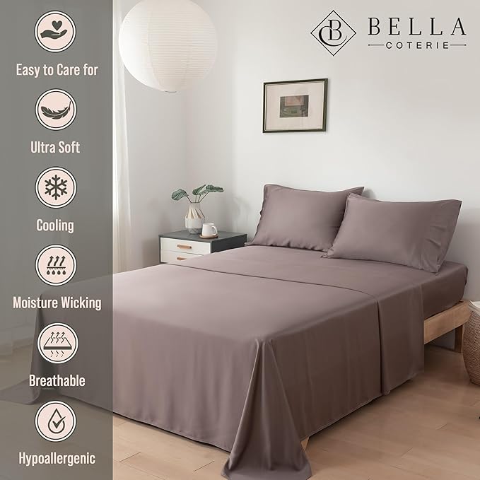 Bella Coterie Luxury Bamboo Viscose Cal King Size Sheet Set | 100% Organically Grown | Ultra Soft | Cooling for Hot Sleepers | 18" Deep Pocket [Mocha]