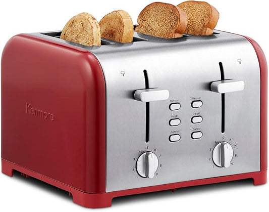 Kenmore Toaster 4 Slice - Extra Wide Slot Countertop Kitchen Appliance, Defrost Function, Grille-Pain, 9 Shade Settings, Compact Design, Easy Clean Crumb Tray, Bread Bagel, Stainless Steel & Red