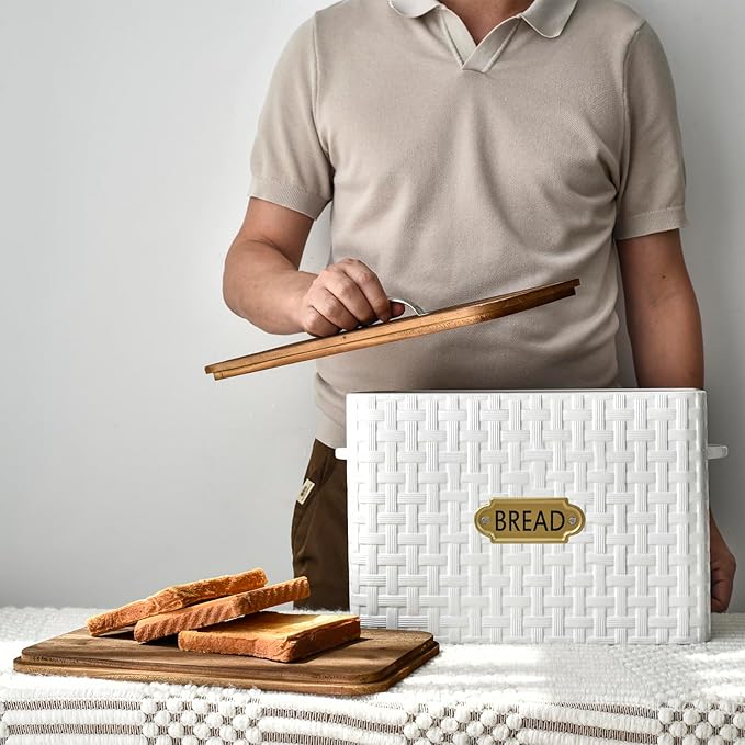 Extra Large Space Saving Farmhouse Bread Box With Wood Lid - Vertical Breadbox Bread Storage Bin Holder for Kitchen Countertop, White