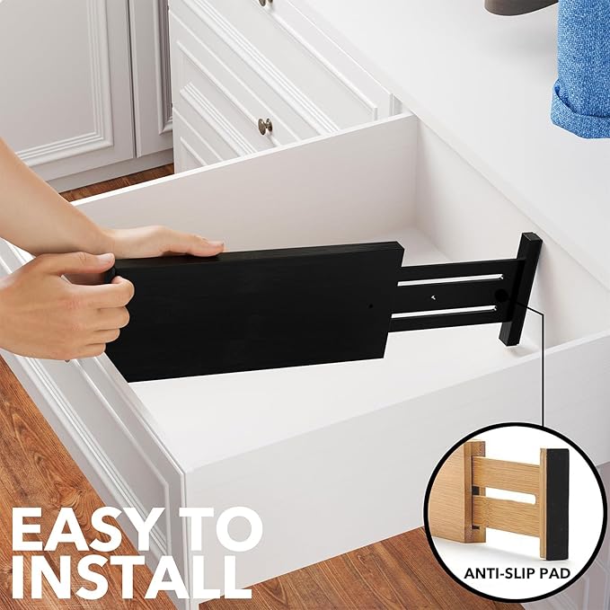 SpaceAid Bamboo Dresser Drawer Dividers 6 Pack, 4.65“ High Adjustable 12.5“-17” Drawer Organizers, Expandable Organization for Clothing, Clothes, Dressers, Black