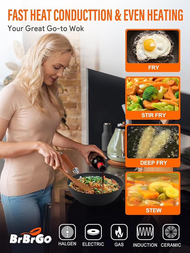 Carbon Steel Wok Pan, 9.5" Authentic Chinese Stir-Fry Pans Set with Glass Lid, 1.65lb Lightweight Flat Bottom Small Wok for 1-2 Servings