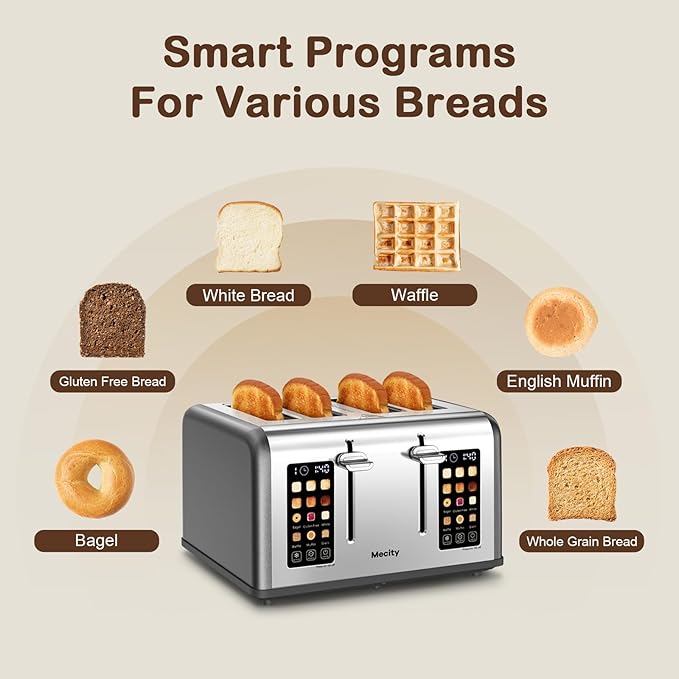 Mecity 4 Slice Toaster with Touch Screen Control, 4 Wide Slots, Stainless Steel Smart Bread Toaster for Bagels, Muffins, Waffles, Dual Control Panel, Timer, Defrost, Reheat, 120V 1650W, Pearl Grey