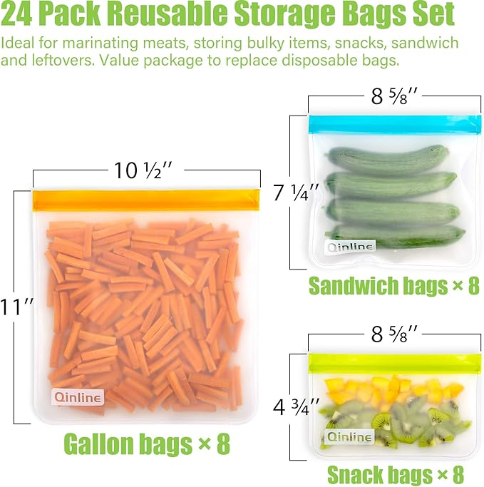 Reusable Food Storage Bags - 24 Pack Freezer Extra Thick Leakproof Lunch Bag - 8 Gallon 8 Sandwich 8 Snack Bags