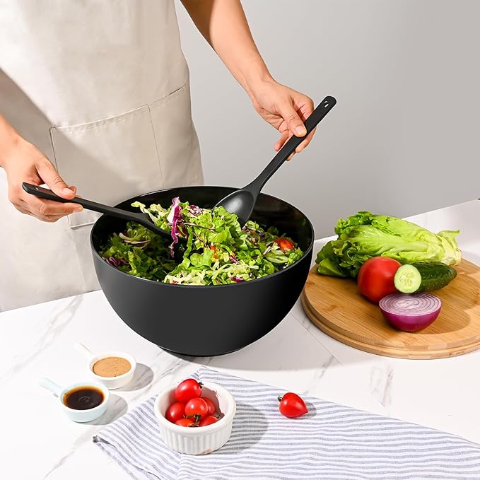 Salad Bowl with Lid, 12" Extra Large Bamboo Fiber Salad Bowl with Servers Set for Kitchen, Nature Bamboo Mixing and Serving Bowl with Lid, Spoon and Fork for Fruits,Salads and Vegetables