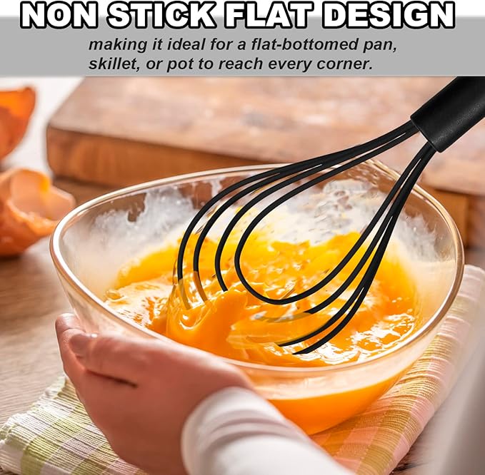 Anaeat Silicone Kitchen Whisk Set of 4, Perfect for Non-Stick Cookware, Egg Beater Milk Blender for Whisking, Cooking, Baking, Beating - 11'' Flat Whisk and 8.5''+10.5''+12'' Balloon Whisks (Black)