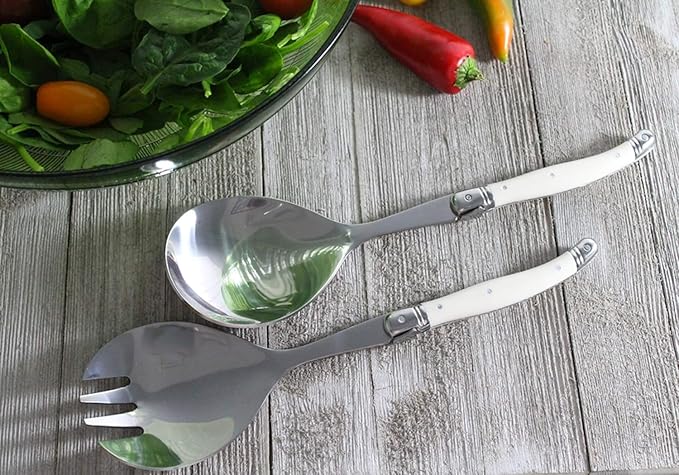 French Home Laguiole Connoisseur (Faux Ivory) Salad Servers 2 Piece Set — Stainless Steel Flatware Set — Salad Serving Utensils — Silverware Set Spoon and Fork Set — Dining Utensils Set