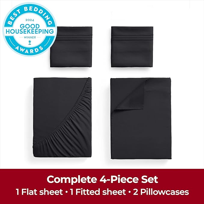 Mellanni Extra Deep Full Sheets - 4 PC Iconic Collection Bedding - Hotel Luxury, Ultra Soft, Cooling Bed Sheets - Wrinkle, Fade, Stain Resistant (Full, Black)