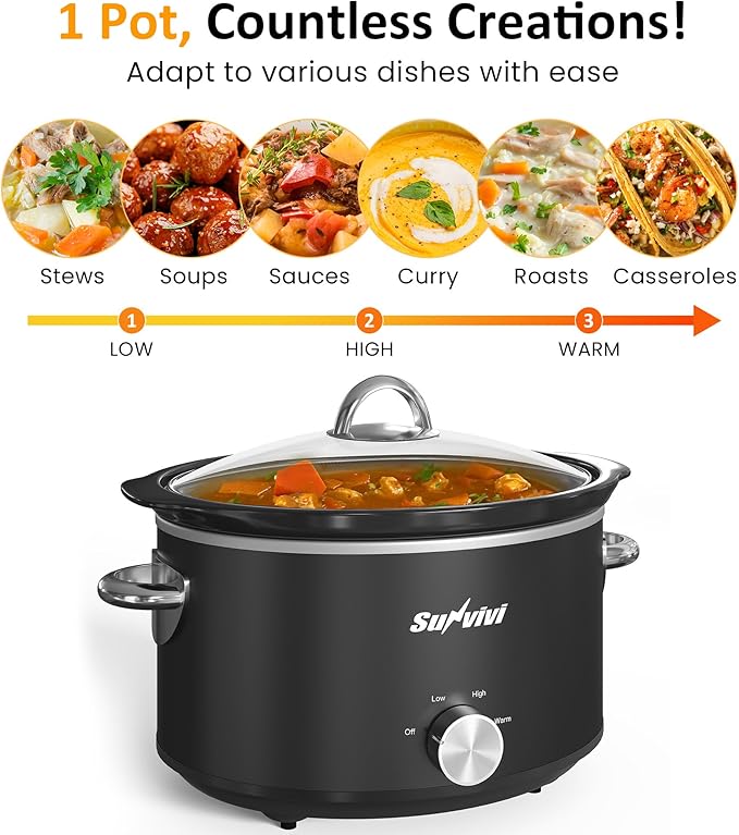 Sunvivi Small Slow Cooker 4QT, Mini Food Warmer with 3 Heating Settings, Removable Ceramic Pot, Dishwasher Safe Glass Lid, Stainless Steel, Black