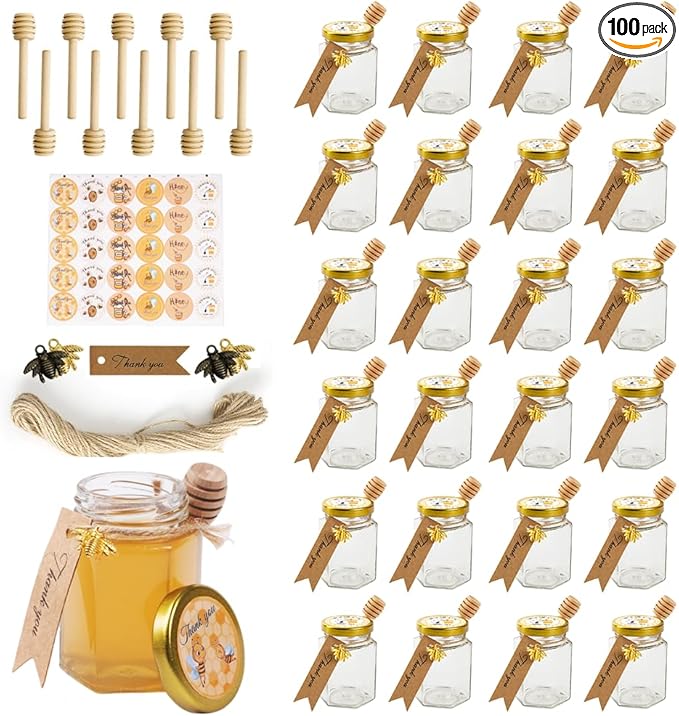 24 Pack 4oz Glass Hexagon Honey Jars Golden Lids - Extra Wooden Honey Dipper Sticks, Bee Charms, Tag String, Thank You Gift Tags, Stickers (Golden 24 Stickers)