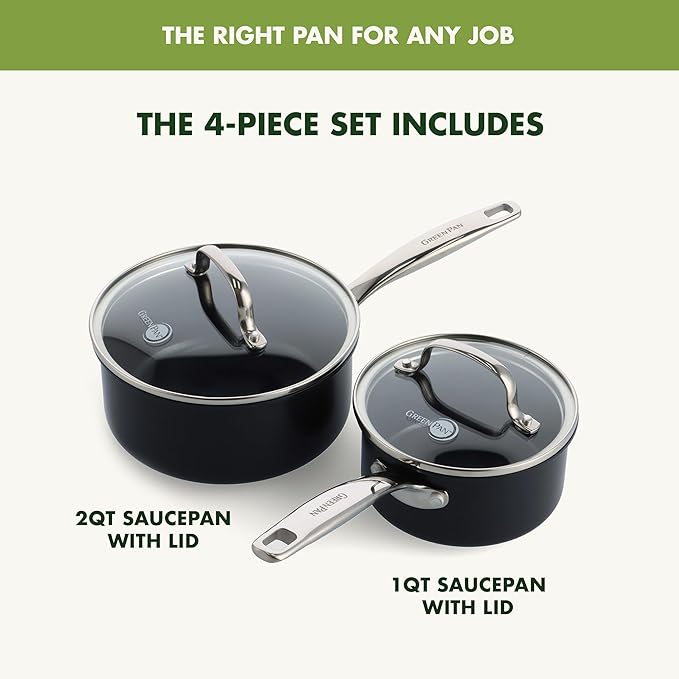 GreenPan Prime Chatham 1QT & 2QT Saucepan Pot Set with Glass Lids, Hard Anodized Diamond Infused Ceramic Nonstick, PFAS-Free, Dishwasher Safe, Oven Safe, Multipurpose Chefs Pan, Stay-Cool Handle,Black