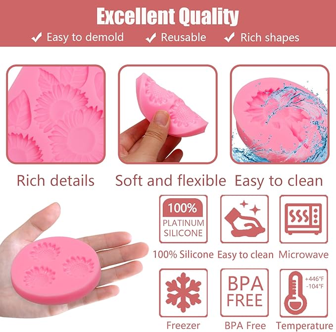 Sunflower Mold Silicone 4 Pcs, Daisy Flower Molds Chrysanthemum Flower Leaves Mold for Decoration Candy Sugar Cupcake Topper Cake Pop Popsicle Polymer Clay Crafts