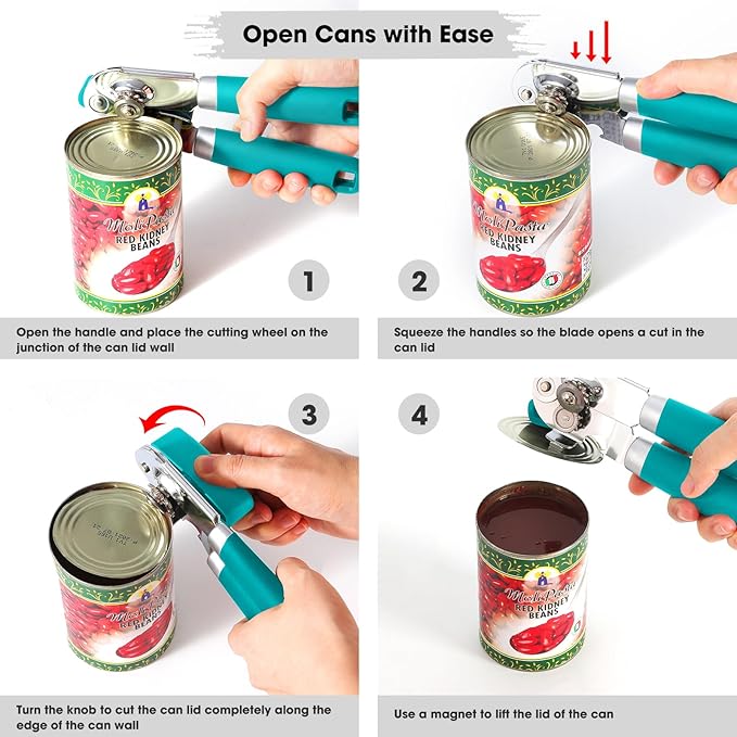 Beneno Can Opener Manual with Magnet, Hand Held Heavy Duty Can Opener with Durable Sharp Blade Smooth Edge, Big Effort-Saving Knob, Soft Grip Rubber Handle, Multifunctional Bottle Opener, Turquoise