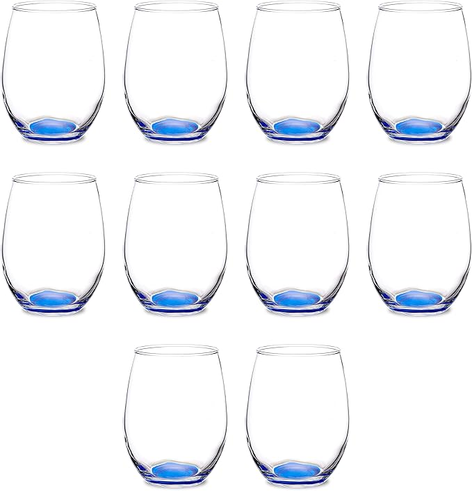 DISCOUNT PROMOS Stemless Wine Glasses in Bulk by ARC Perfection, 15 oz -10 pack, Red or White Wine Glass Drinking Set, Blue